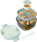 Bentgo Glass Prints Salad Container - 7.6-Cup Tinted Glass Salad Bowl with Airtight Lid, Leak-Proof Sauce Container, 4-Compartment Bento Meal Prep Tray & Reusable Fork (Mod Curve - Serene Green)