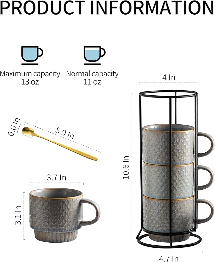 Gomakren Coffee Mugs Set of 4, 13 Ounce Stackable Coffee Mugs with Stand, Ceramic Coffee Cups with Spoon for Coffee, Espresso, Cappuccino, Latte, Cocoa, Tea and Milk, Light Gray