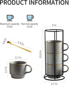 Gomakren Coffee Mugs Set of 4, 13 Ounce Stackable Coffee Mugs with Stand, Ceramic Coffee Cups with Spoon for Coffee, Espresso, Cappuccino, Latte, Cocoa, Tea and Milk, Light Gray