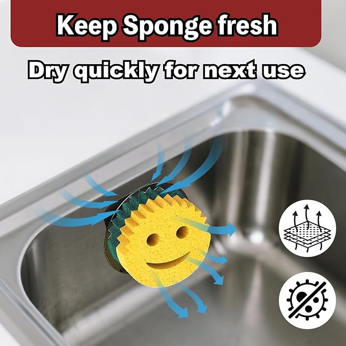 Stainless Steel Smiley Face Sponge Holder with Adhesive Hook - No Falling Risk, Rustproof Sink Sponge Holder for Kitchen, Bathroom&RV Apartment, Keep Happy Face Sponges Dry and Odor Free, Black