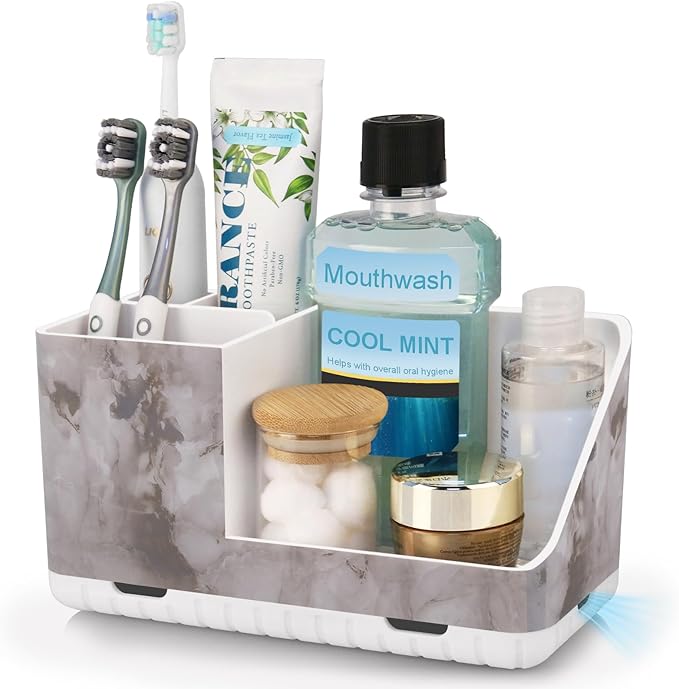 PARKMANI Toothbrush Holders for Bathroom Countertop Organizer, Kids Electric Toothbrush and Toothpaste Holder for Bathroom Organizers and Storage (White Marble Grain)