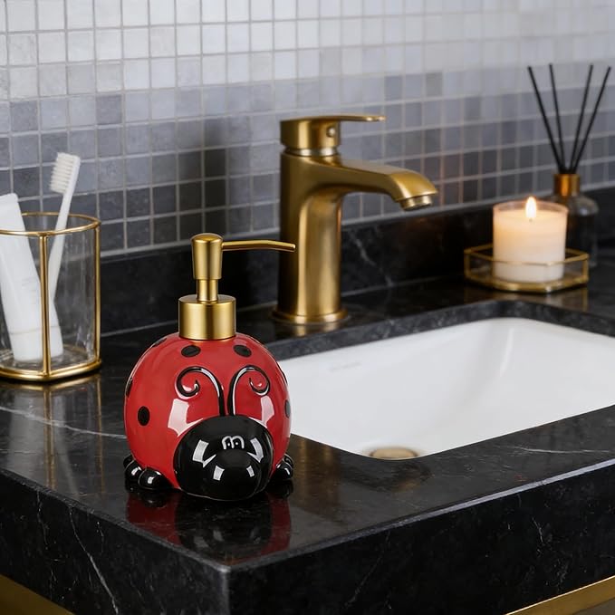 RQYIXI 17 OZ Ladybug Ceramic Soap Dispenser with ABS Pump,Refillable Liquid Bathroom soap Dispenser for Lotion ,Body Wash ,Cute Kitchen Soap Dispenser for Dish Soap,Hand Soap