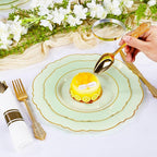 Liacere 350PCS Light Green Plates - Disposable Green and Gold Plastic Plates 50guest Baroque Dinnerware include 100Plates,50Pack Pre Rolled Napkins with Silverware 50Cups for Wedding ＆ Party & Spring