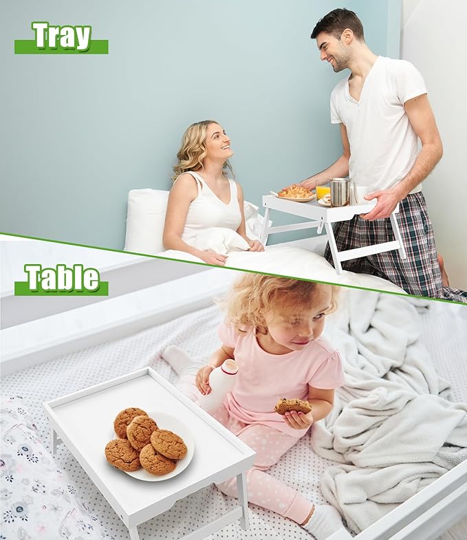 Youpehom Bed Tray Table with Folding Legs,Bamboo Breakfast in Bed for TV Table,Tray,Eating,Snack Tray,Laptop Computer (White, Large)