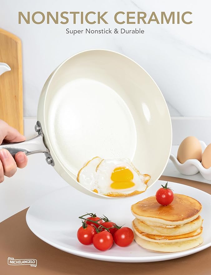 MICHELANGELO 10 Inch Frying Pan with Lid, Nonstick Fry Pan with Ceramic Coated, Induction Compatible Skillet, PFAS & PFOA-Free, White
