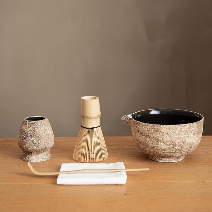 6-pcs Japanese Matcha Whisk Set, Handmade Ceramic Matcha Set with Bowl(Chawan),Bamboo Whisk(Chasen) and Holder, Scoop, Sifter & Tea Towel,Matcha Kit for Ceremony (Stone Vein)