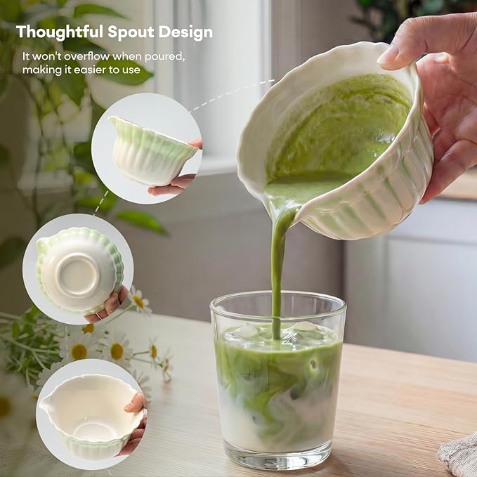 Matcha Whisk Set | Japanese Matcha Kit with Daisy Ceramic Bowl, Mushroom Whisk Holder, Sifter, Bamboo Chasen Whisk & Scoop | Mothers Day, Fathers Day, Housewarming Gift, Green