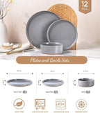 AmorArc Ceramic Dinnerware Set for 4 | Speckled Stoneware Plates and Bowls with unglazed terracotta | Scratch Resistant, Dishwasher & Microwave Safe Dishes Sets- 12-Pcs Gray