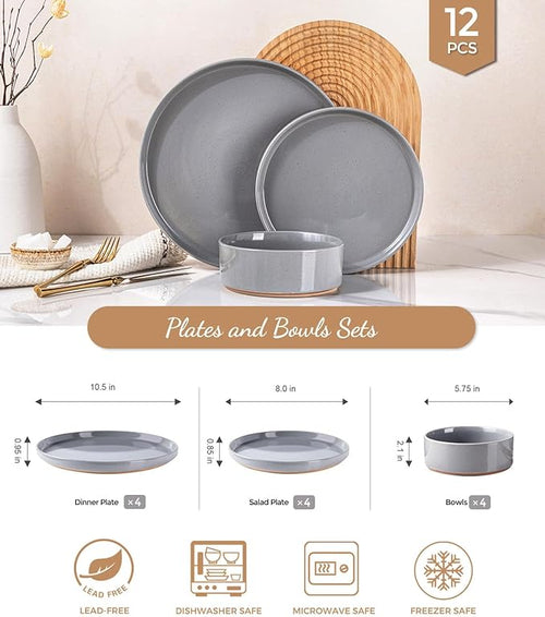 AmorArc Ceramic Dinnerware Set for 4 | Speckled Stoneware Plates and Bowls with unglazed terracotta | Scratch Resistant, Dishwasher & Microwave Safe Dishes Sets- 12-Pcs Gray