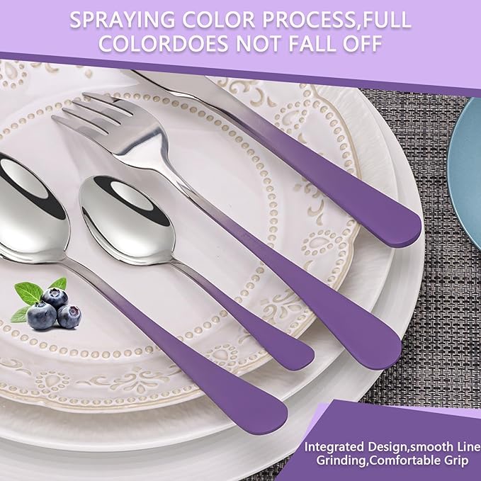 24 Pieces Flatware Set, Stainless Steel Cutlery Set with Silverware Holder, Modern Eating Tableware Set Includes Dinner Knives Forks Spoons,Hanging Silverware Set Service for 6 (Purple)
