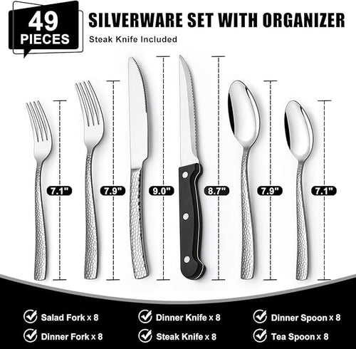 49-Piece Hammered Silverware Set with Organizer, Food-Grade Stainless Steel Flatware for 8, Cutlery Utensil Sets with Steak Knives, Rust-proof, Mirror Polished, Dishwasher Safe, Wave Hammered
