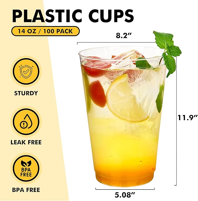 RACETOP 14oz Clear Plastic Cups, 100 Pack Disposable Party Cup, Heavy Duty Disposable Glasses, Disposable Cups for Party, Thanksgiving, Wine Taesting, Birthday and Christmas.