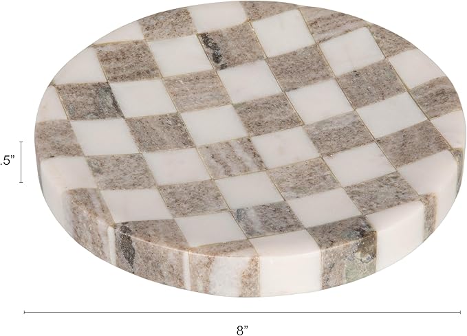 Bloomingville Round Marble Checkered Cheese and Serving Tray, Buff Color and White