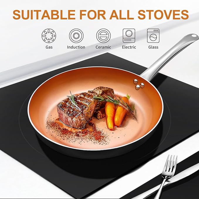 KOCH SYSTEME CS 8"+11" Copper Ceramic Frying Pan Set Nonstick, Oven Safe Cooper Cookware Set, Induction Frying Pan Sets with Lids, Aluminum Pan for Effortless Cooking, All Stoves Compatible