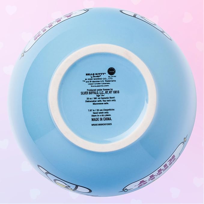 Silver Buffalo Sanrio Hello Kitty Rainbow Ceramic Ramen Bowl with Chopsticks, 20 Ounces