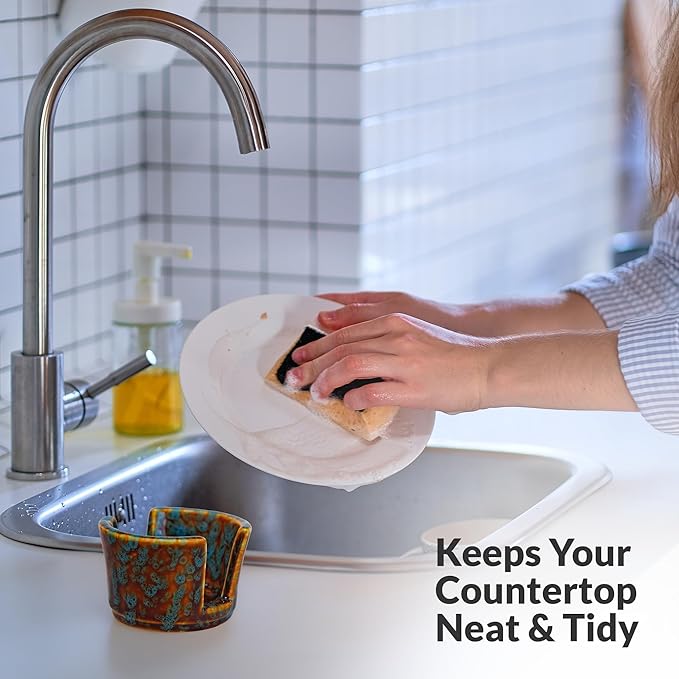 Elevated Lifestyle Ceramic Sponge Holder – Sink Caddy Organizer, Decorative Bathroom and Kitchen Sink Accessories, Allows Sponge to Dry, Ideal Countertop Sponge & Bar Soap Holder - (Marbled Turquoise)