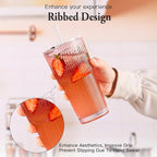4PCS Pink Ribbed Glass Cups with Lids and Straws, 20oz Vintage Drinking Glasses, Aesthetic Iced Coffee Cups, Glass Tumbler for Boba, Beer, Tea, Cocktails, Ribbed Glassware Set,Pink