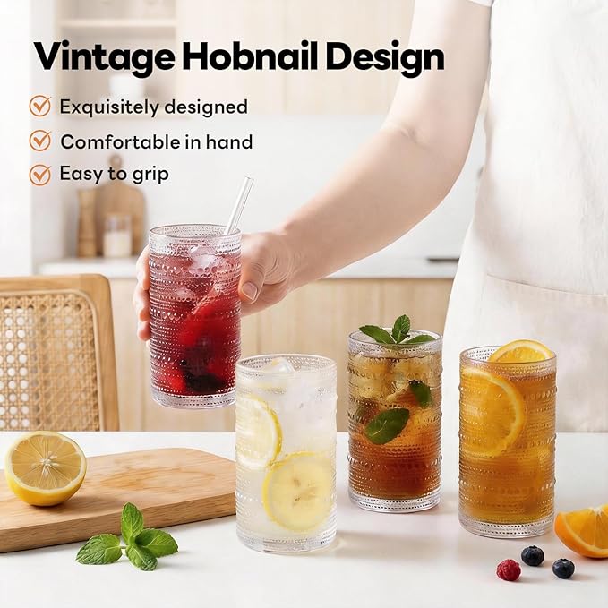 Large Hobnail Drinking Glasses Set of 6, 16oz Clear Highball Glasses Embossed Boho Water Glass Cups, Kitchen Bar Tumbler Glassware for Cocktail, Juice, Whiskey, Milk and Various Mixed Drinks