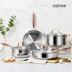 CAROTE 8"+10" Stainless Steel Frying Pan Set, Non-Toxic PTFE & PFOA Free Fry Pan & Omelet Pan, Oven Safe, Compatible with Induction, Ceramic, Gas Cooktops, Gold