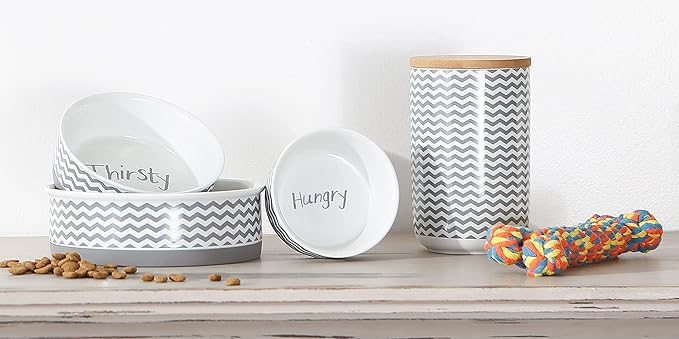 Bone Dry Ceramic Pet Collection Chevron, Large Set, 7.5x2.4, Gray, 2 Piece