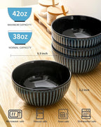 HASENSE Large Ceramic Serving Bowls 42 Oz - 7 Inch Salad Bowl Set of 4 for Kitchen,Modern Ribbed Porcelain Dishes for Entertaining,Soup,Pho,Pasta,Cereal, Noodle - Dishwasher & Microwave Safe, Blue