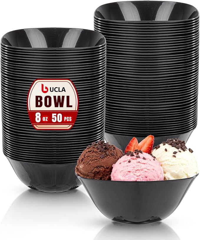 bUCLA 50Pack Black Plastic Small Bowls - 8oz Disposable Ice Cream/Salsa/Dipping/Dessert/Sauce/Candy/Small Serving Bowls for Party & Graduation