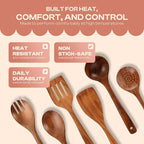 6-Piece Wooden Spoons for Cooking – Smooth Polished Teak Wood Utensils – Soft Comfort-Grip Cooking Wood Spoons Non-Stick Safe Easy to Clean Heat Resistant Set