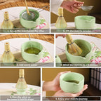 Matcha Set, 8-Piece Ceramic Matcha Bowl & Whisk Kit with Mushroom Pattern, Traditional Japanese Chawan, Bamboo Chasen, Scoop & Sifter, Gift for Tea Lovers, Zen Tea Ceremony Accessories (green)