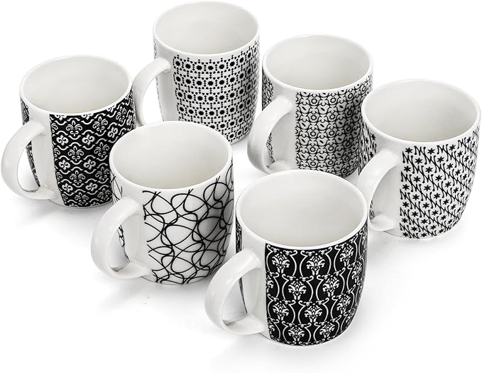 Okllen 6 Pack 11.5 Oz Coffee Mugs Geometric Textured, Ceramic Coffee Mugs Stylish Tea Cup Mugs Set Gift for Latte, Cappuccino, Milk, Water, Cocoa, Cereal, Black and White