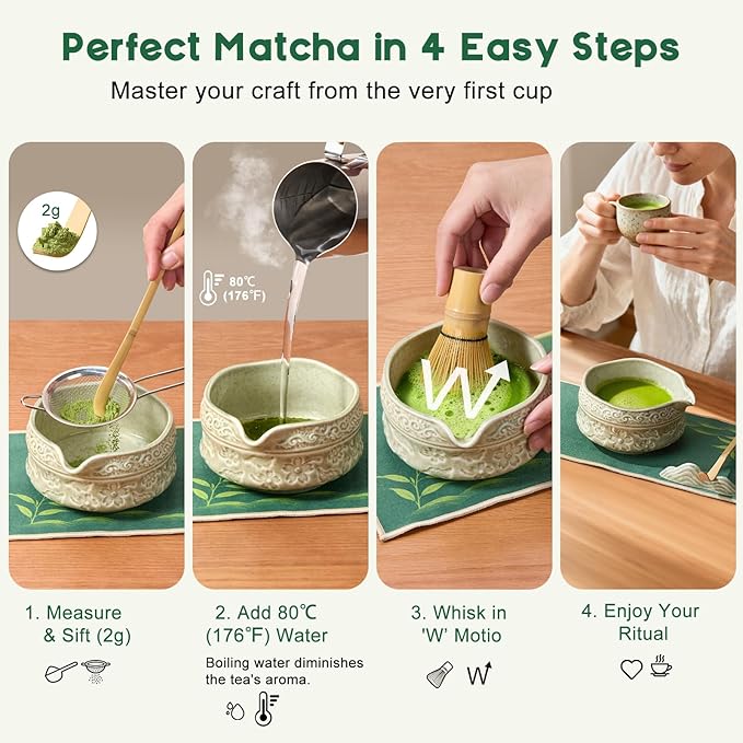 Matcha Whisk Set, 9 Pcs Matcha Set Kit for Ceremony Includes Ceramic Matcha Bowl, Holder, Bamboo Whisk & Scoop, Measuring Spoon, Scoop Rest, Sifter, Tea Towel, Handbook - Ideal Gift for All Ages