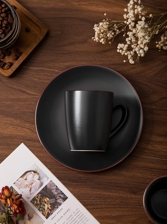 famiware Venus Coffee Mugs for 6, 14 oz Mug Set, Dringking Cup with Handle for Coffee, Tea, Cocoa, Milk, Matte Black (Pack of 2)