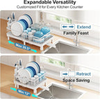GSlife Expandable Dish Drying Rack with Drainboard, Compact Rustproof Dish Rack for Kitchen Counter, Ultra-Sturdy Space Saver with Cup Holder for Small Apartment,12.2" W x 12"-20.5" L, White