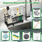 Sponge Holder for Kitchen Sink, Kitchen Sink Caddy Organizer with Detachable Cloth & Brush Holder, Auto Draining Countertop Organizers & Storage Essentials Accessories with 360° Rotatable Spout(Black)