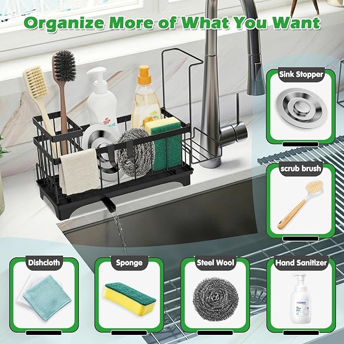 Sponge Holder for Kitchen Sink, Kitchen Sink Caddy Organizer with Detachable Cloth & Brush Holder, Auto Draining Countertop Organizers & Storage Essentials Accessories with 360° Rotatable Spout(Black)