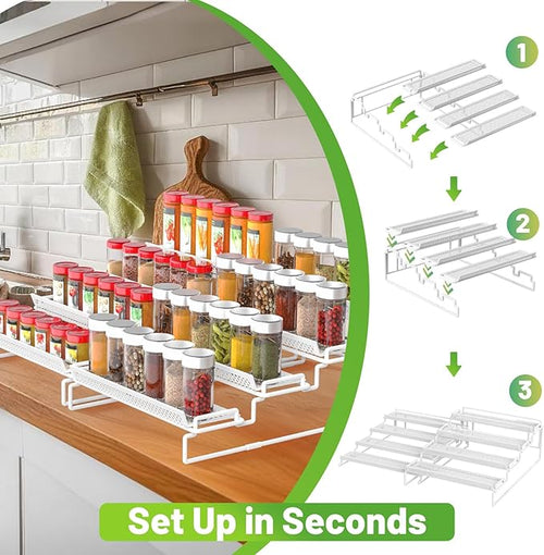 4 Tier Adjustable Spice Rack Organizer for Cabinet - White (2 PCS S&L) Expandable Spice Shelf with Protection Railing for Inside Cabinets, Countertop, Pantry Storage & Seasoning Organization
