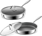 Hybrid Non Stick Frying Pans 2 Piece set, Stainless Steel Frying Pans with Tempered Glass Lid, 8" 10" 5 Ply Induction Cookware, Dishwasher-Friendly, Oven-Safe Up to 800°F, Compatible with All Cooktops