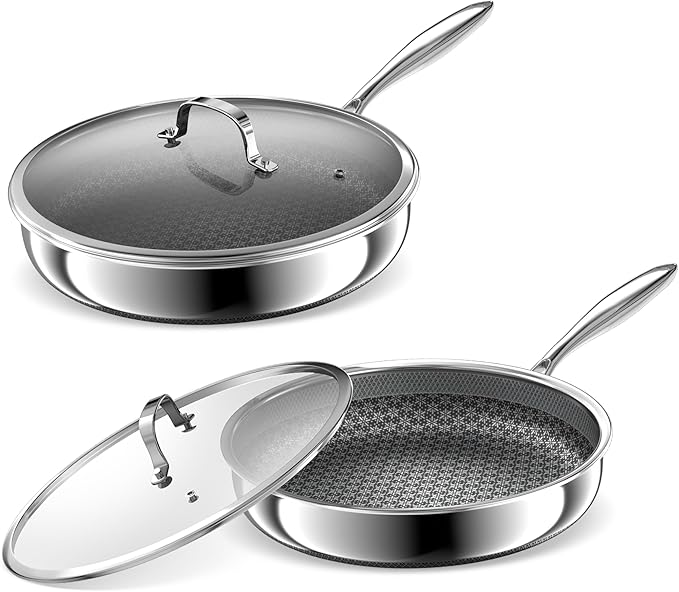 Hybrid Non Stick Frying Pans 2 Piece set, Stainless Steel Frying Pans with Tempered Glass Lid, 8" 10" 5 Ply Induction Cookware, Dishwasher-Friendly, Oven-Safe Up to 800°F, Compatible with All Cooktops