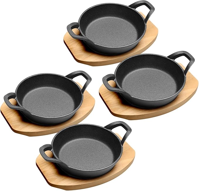 HOME DISTRICT Mini Cast Iron Skillet Set of 4 Mini Ramekins, Oven Safe, 6 Inch, 12 Oz Cast Iron Skillet Set with Wood Trivets