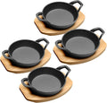 HOME DISTRICT Mini Cast Iron Skillet Set of 4 Mini Ramekins, Oven Safe, 6 Inch, 12 Oz Cast Iron Skillet Set with Wood Trivets