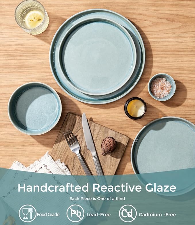 GBHOME 12-Piece Stoneware Dinnerware Set for 4 – Ribbed Ceramic Plates and Bowls, Scratch-Resistant, Microwave & Dishwasher Safe, Reactive Glaze, Malachite Green