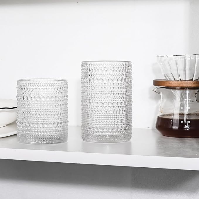 Vintage Hobnail Drinking Glasses Set of 8, 15 oz Highball Glasses & 12 oz Cocktail Glasses, Drinkware Kitchen Glasses for Cocktail, Iced Coffee, Beer, Ice Tea, Wine, Whiskey, Water