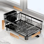 Small Dish Drying Rack, Space Saving Dish Racks for Kitchen Counter, Kitchen Organizer Dish Drainer with Cutlery Holder for Spoons and Forks, 11''W x 15''L, Black