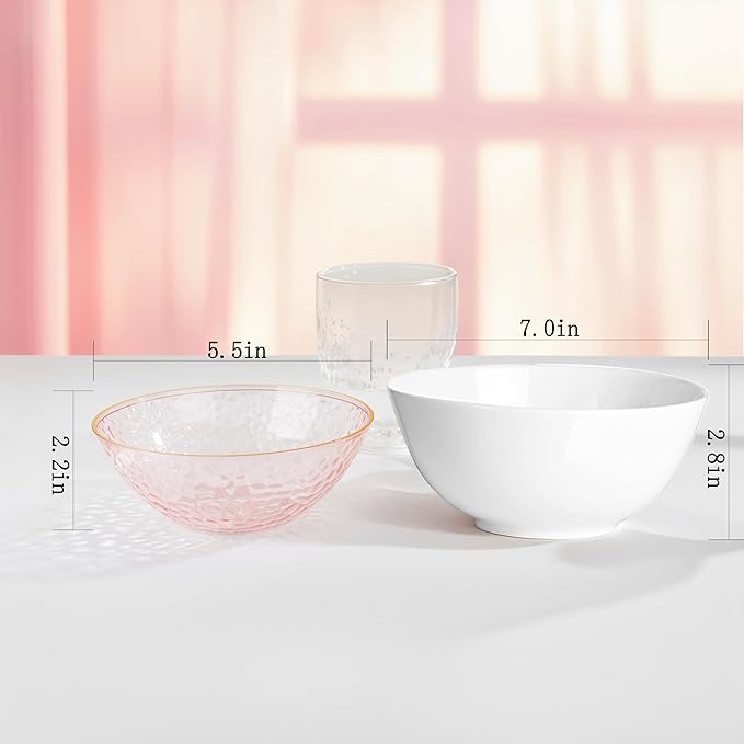 I00000 50 Pack 12 Ounce Pink Plastic Bowls Serving Bowls Hammered Clear Bowl with Gold Rimmed, Heavy Duty Disposable Bowl Set,Small Bowls for Wedding Party