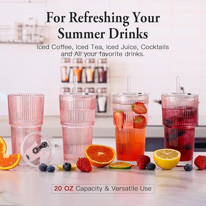 6PCS Pink Ribbed Glass Cups with Lids and Straws, 20oz Vintage Drinking Glasses, Aesthetic Iced Coffee Cups, Glass Tumbler for Boba, Beer, Tea, Cocktails, Ribbed Glassware Set (Pink-6)