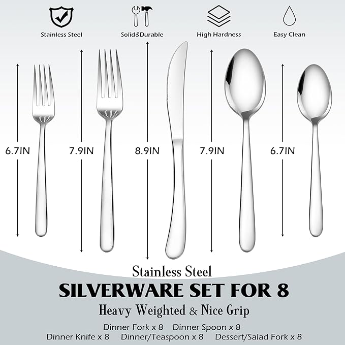 E-far Silverware Set for 8, 40-Piece Heavy Duty Stainless Steel Flatware Cutlery Set - Mirror Polished & Dishwasher Safe, Metal Eating Utensils Includes Spoons and Forks Knives for Home Kitchen