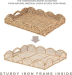 2Pcs - Scalloped Basket, Decorative Basket, Seagrass Tray (17 x 13 x 3 inch - 2Pcs) with Scalloped Edge and Built-in Handles, Rectangle Serving/Rattan/Wicker/Woven/Basket Tray