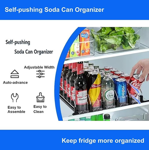6 Rows Black Drink Organizer for Fridge, 3rd Gen Refrigerator Organizers and Storage, Automatic Pusher Glide and Adjustable Width Can Organizer for Refrigerator - Holds up to 30 Cans