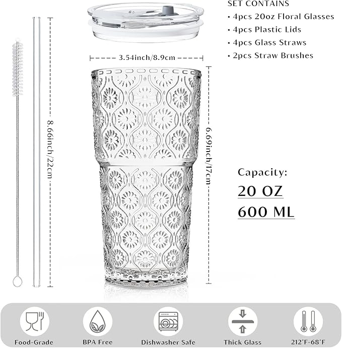 INSETLAN 20oz Begonia Flower Glass Tumbler Set of 4 – Thickened Glass Cups with Lids and Glass Straws for Iced Coffee, Smoothies, Milk, Water, and More – Elegant& Durable Drinkware
