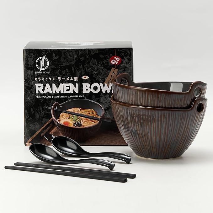Ramen Bowl with Chopsticks and Spoons Set, 7 Inch Ceramic Noodle Bowl Set of 2, Dishwasher Safe for Pho Udon Soba Noodle Salad Pasta, Special Reactive Glazed Bowls Set, Purple-Gray