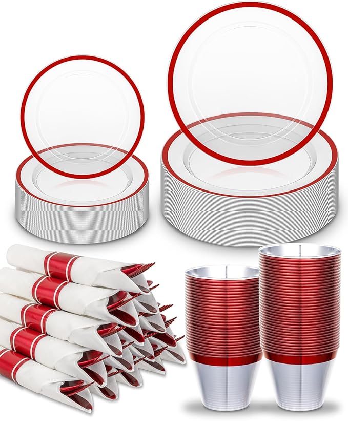 BESTVIP 175PCS Plastic Clear & Red Plates for Party, Disposable Dinnerware Sets Suitable for 25 Guests, 50 Plastic Plates, 25 Cups, 25 Pre-Rolled Napkins with Cutlery for Christmas, Wedding